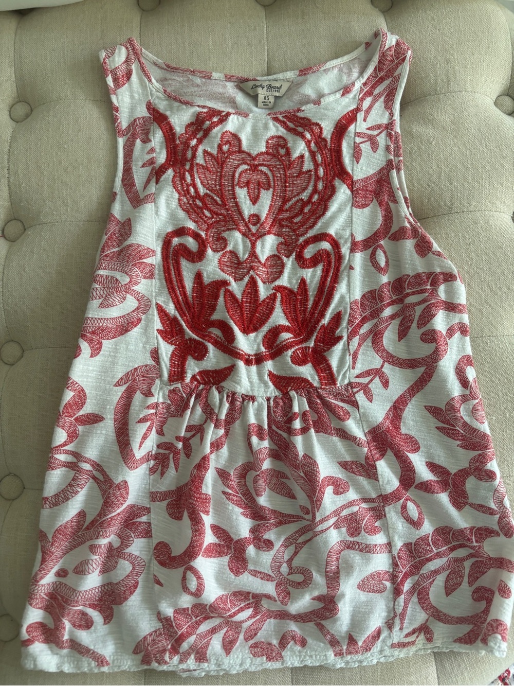 Lucky Brand White Tank Top with Red Embroidered Floral Print